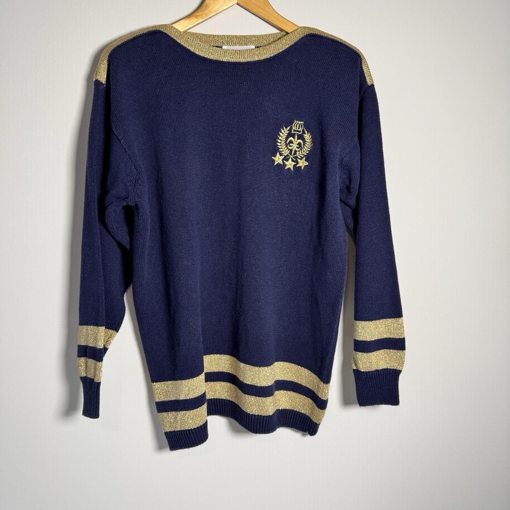 Vintage Alfred Dunner Navy Gold Crest Cotton Sweater Large Shoulder Pad Flaw‎